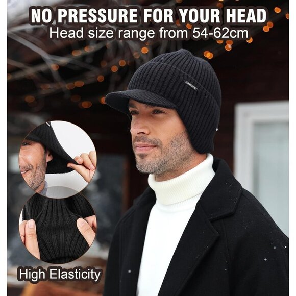 Men & Women Brown Beanie with Brim and Ear Flaps Fleece-Lined Hat main image 4
